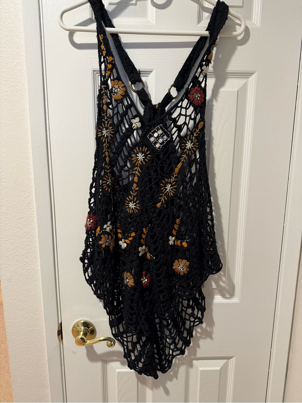 Free People Black Crochet Floral Embroidered Tank